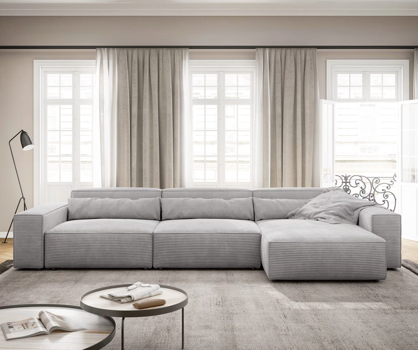 Ecksofa Sirpio - Wohnlandschaft XL Cord - Grau